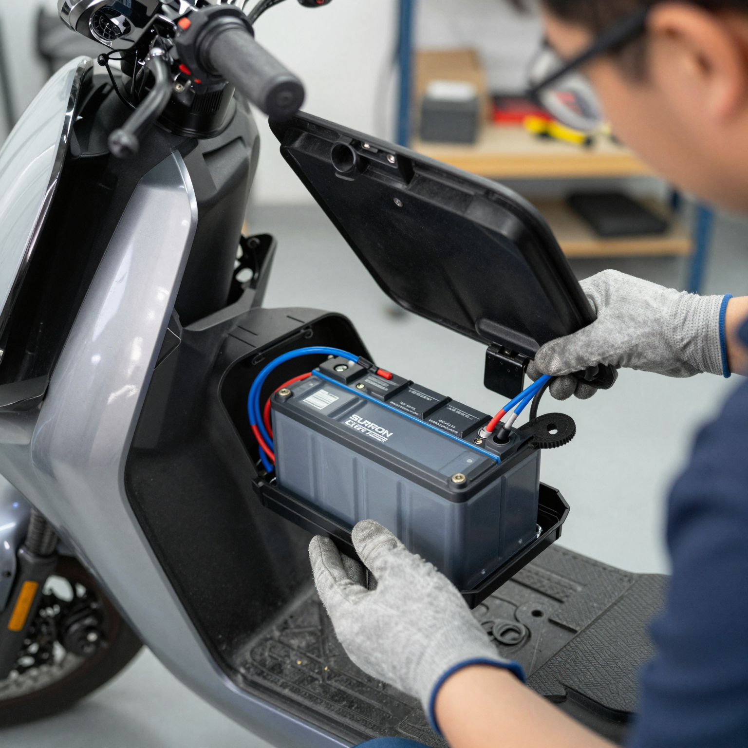 Surron Light Bee battery upgrade installation showing battery compartment and safety gear