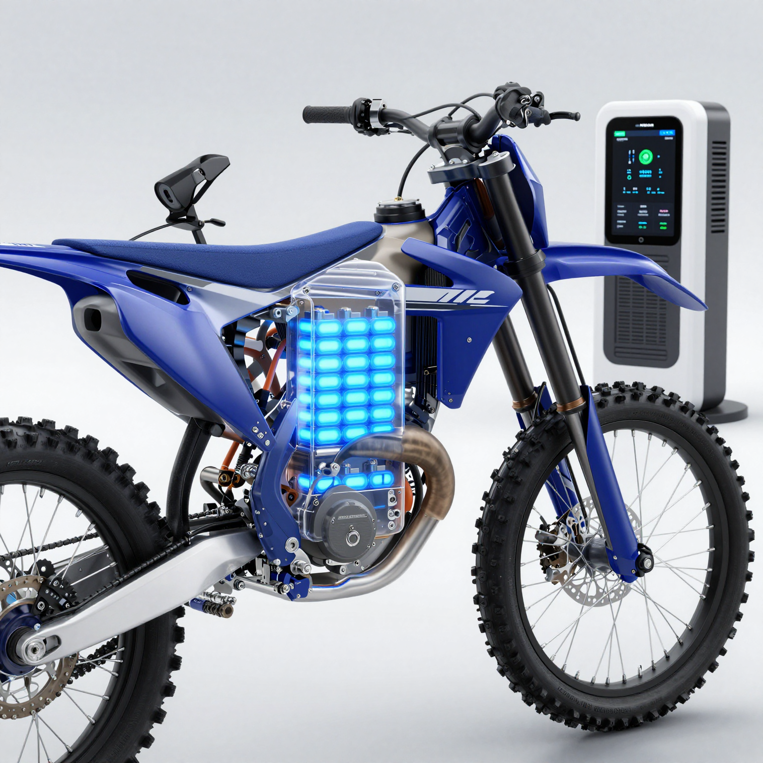 Next-generation battery technology for electric dirt bikes featuring solid-state cells, smartphone monitoring interface, and swappable battery infrastructure