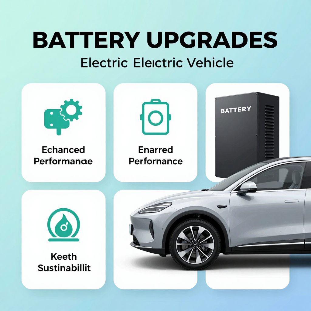Graphic illustrating the benefits of battery upgrades for electric vehicles, featuring icons representing enhanced performance, longevity, and sustainability.