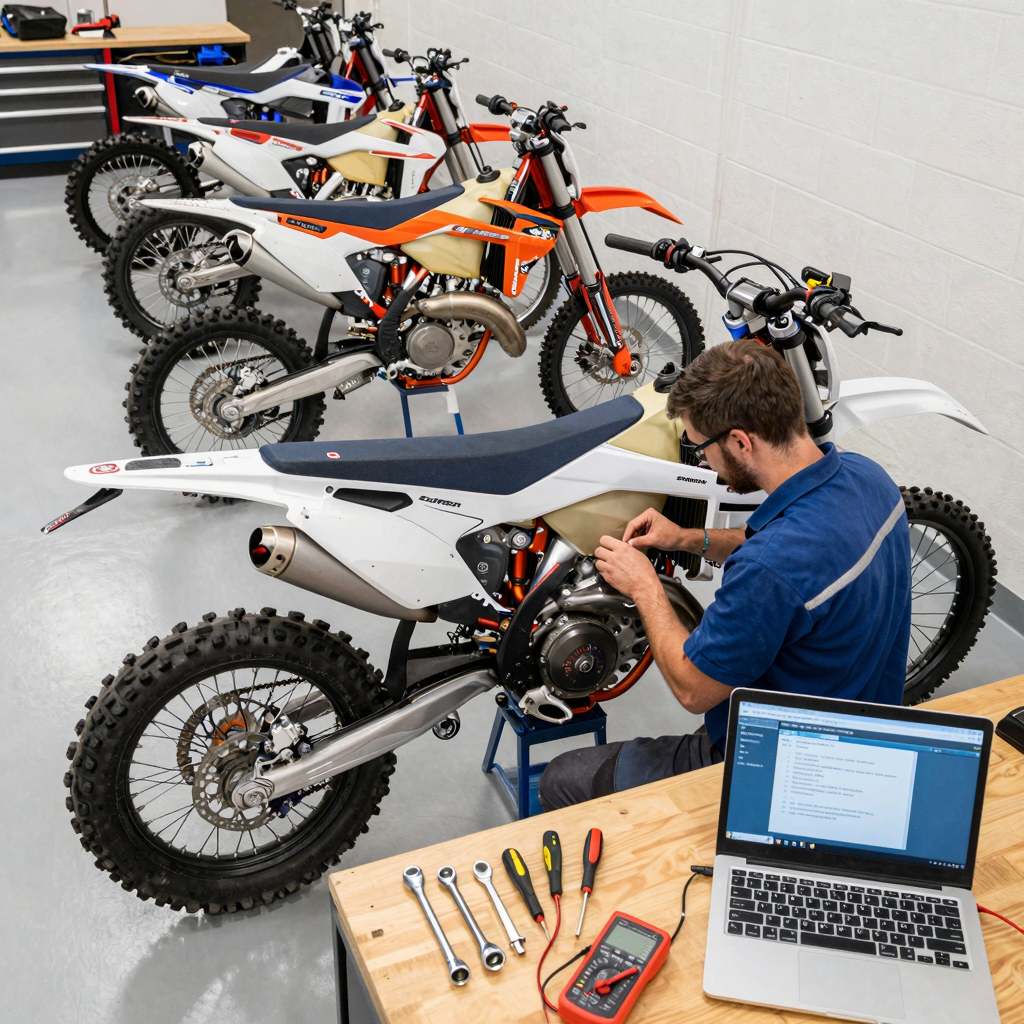 Mechanic installing upgraded battery in a Surron Ultra Bee with tools and laptop for firmware updates