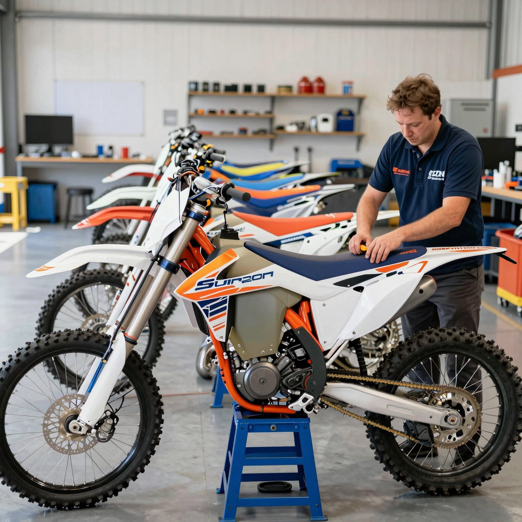Surron Ultra Bee rental fleet undergoing battery upgrades at the workshop facility