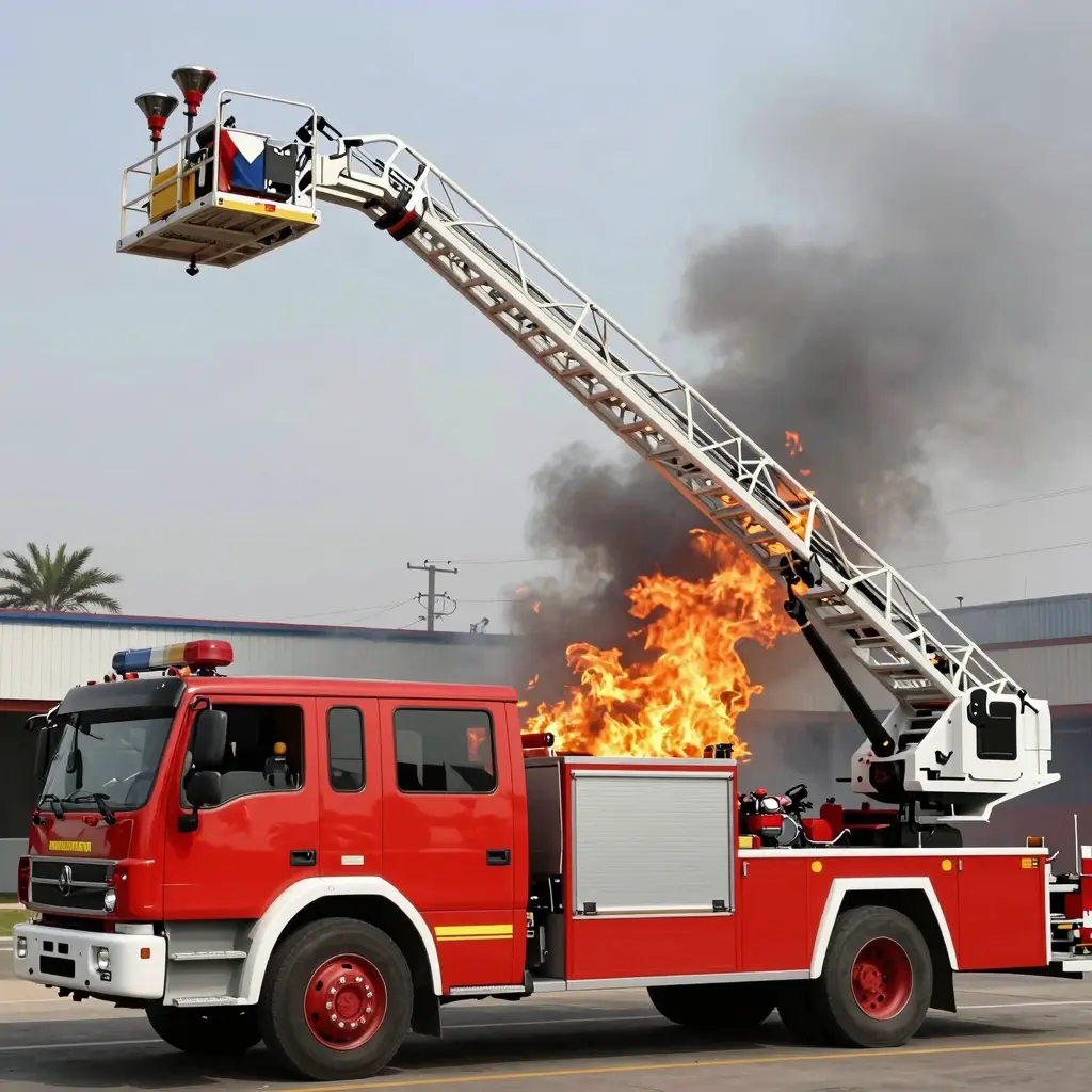 Aerial ladder truck responding to a fire emergency