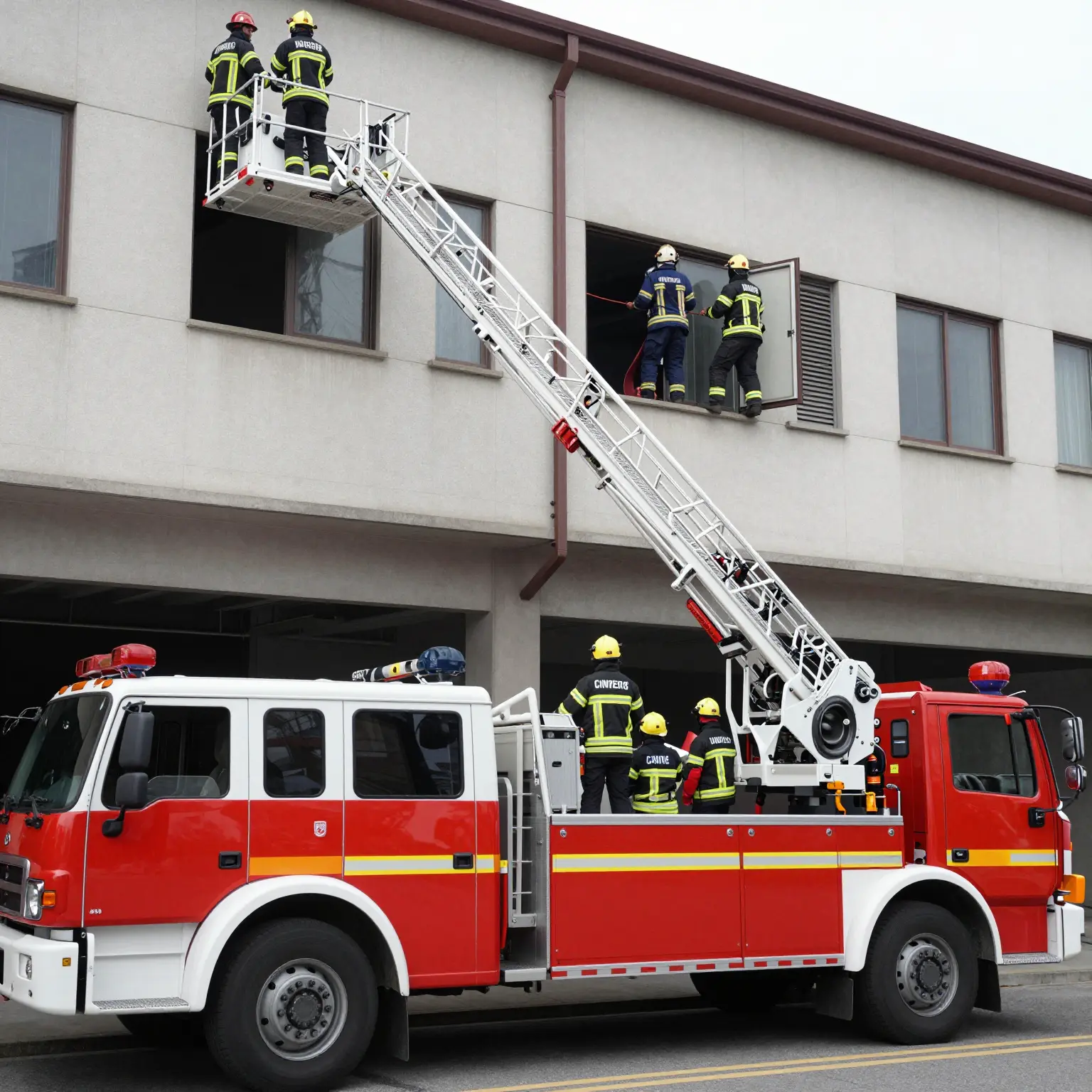 Aerial ladder truck in action responding to a fire emergency