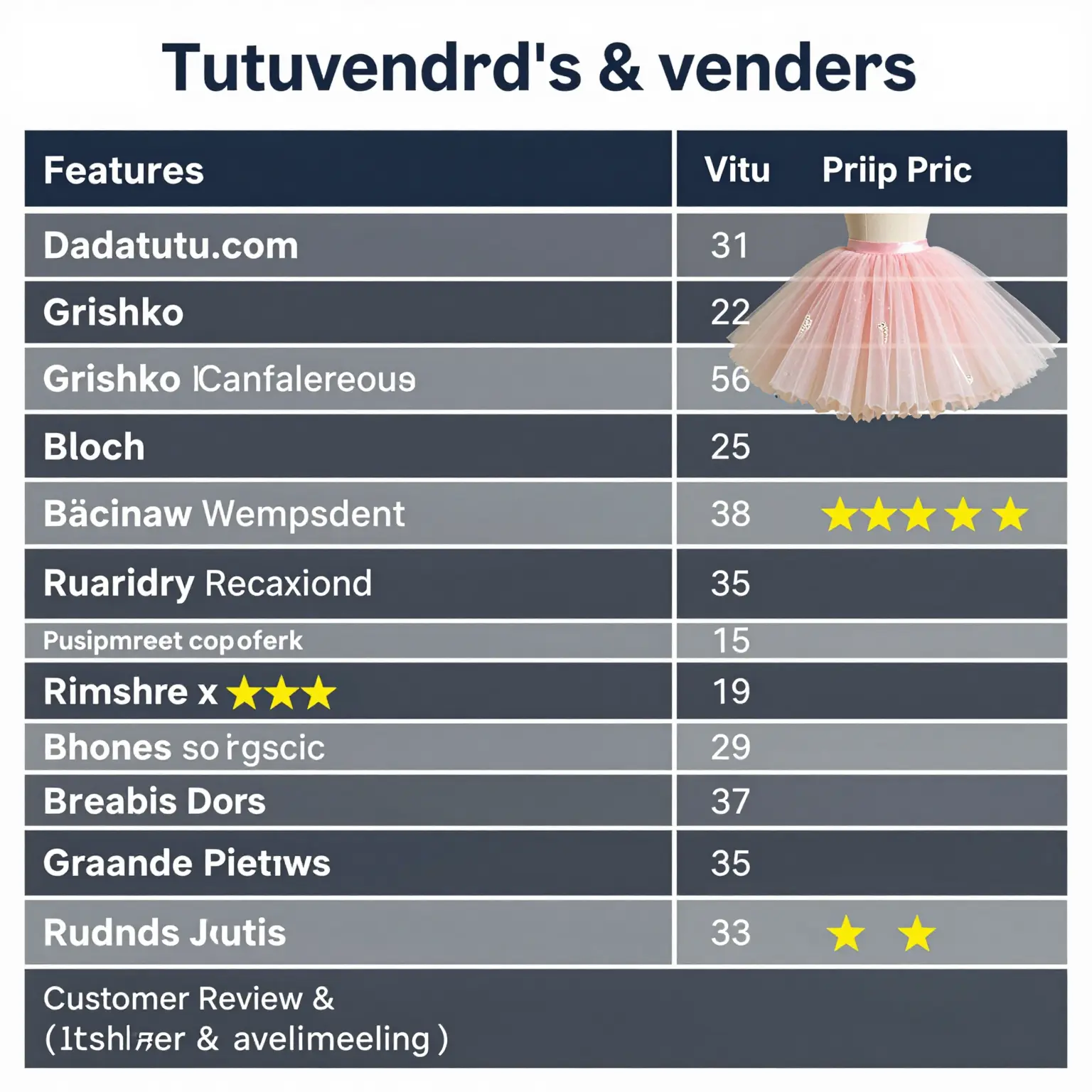 Tutu Vendors Comparison Table