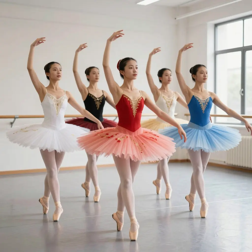 A vibrant and elegant display of various quality scene tutus in a dance studio setting.